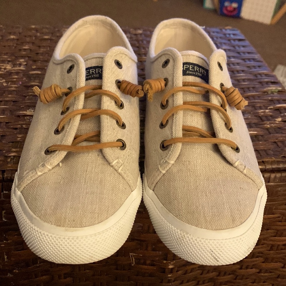 Sperry Top Sider Women Tan Linen Canvas Slip On Sneaker...Size:9M